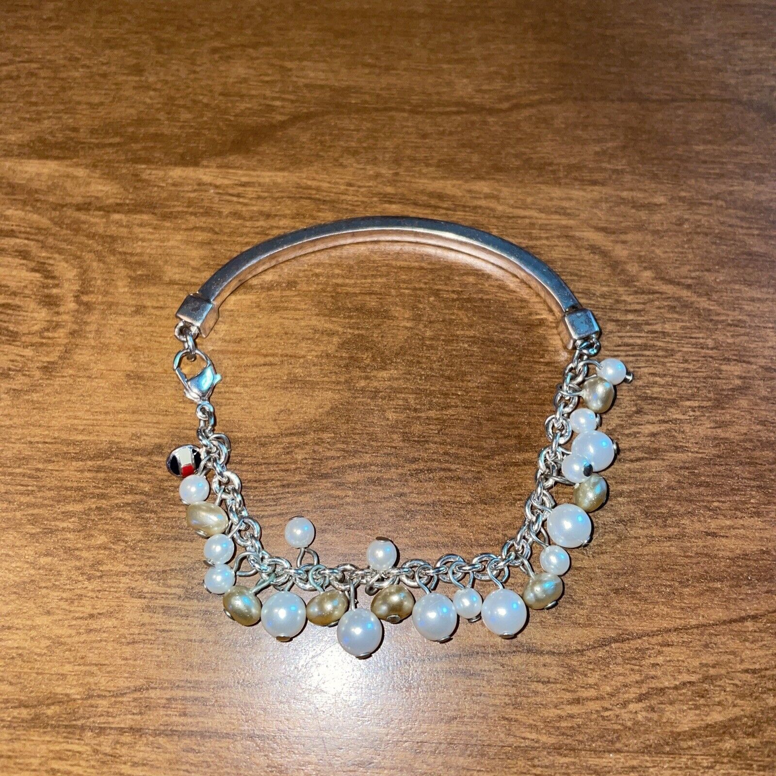 Vintage Tommy Hilfiger Silvertone Half Bangle Beaded White Cream Bracelet 7$